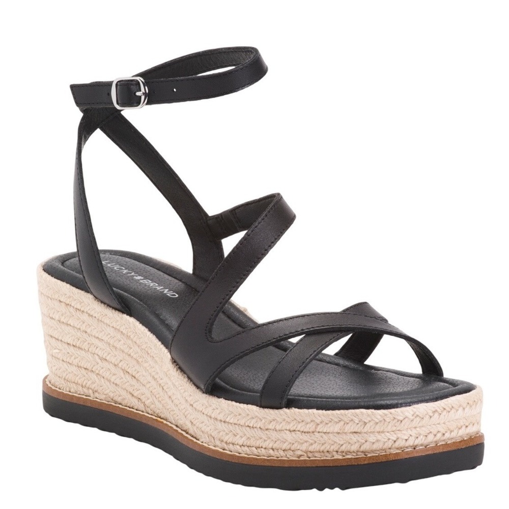 New Lucky Brand‎ Carolee Black Leather Espadrille Platform Wedge Sandals Size 11